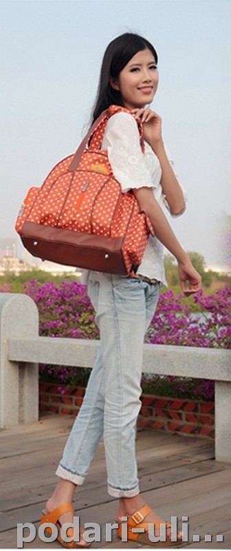 картинка Сумка - рюкзак для мамы Pannier, оранжевая в горох — Подари Улыбку